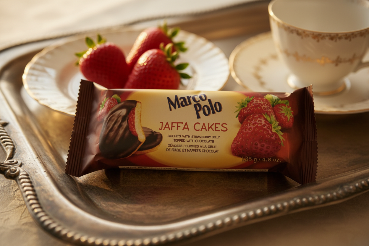 Marco Polo Jaffa Cakes strawberry on vintage tea tray with fresh strawberries