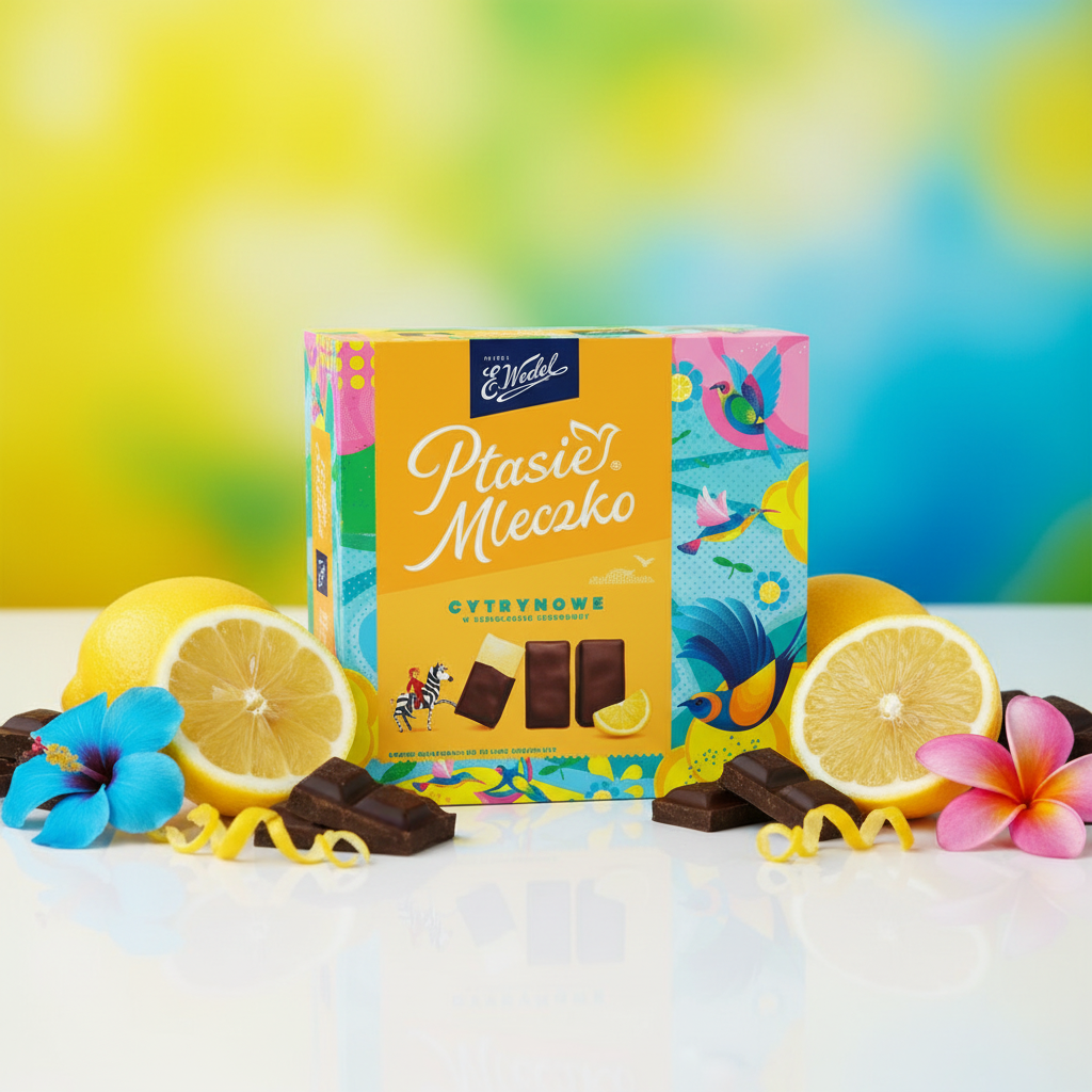 E. Wedel Ptasie Mleczko Cytrynowe box with fresh lemons and tropical flowers on white surface