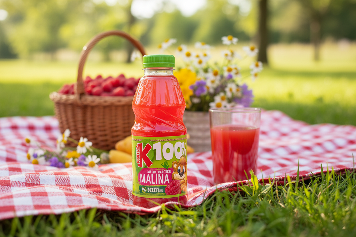 Kubus 100% Raspberry Juice on outdoor picnic blanket with fresh raspberries