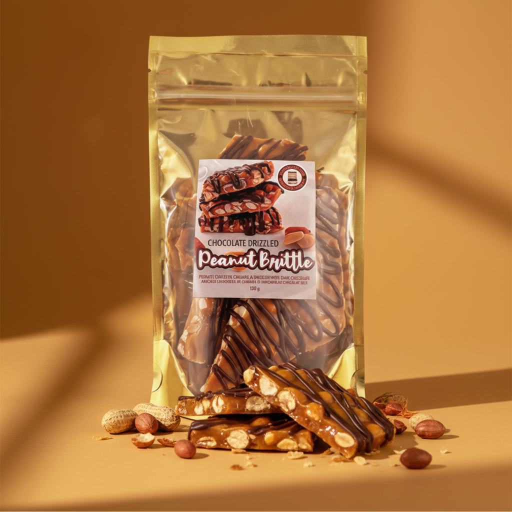 Chocolate Drizzled Peanut Brittle – warm caramel lifestyle scene
