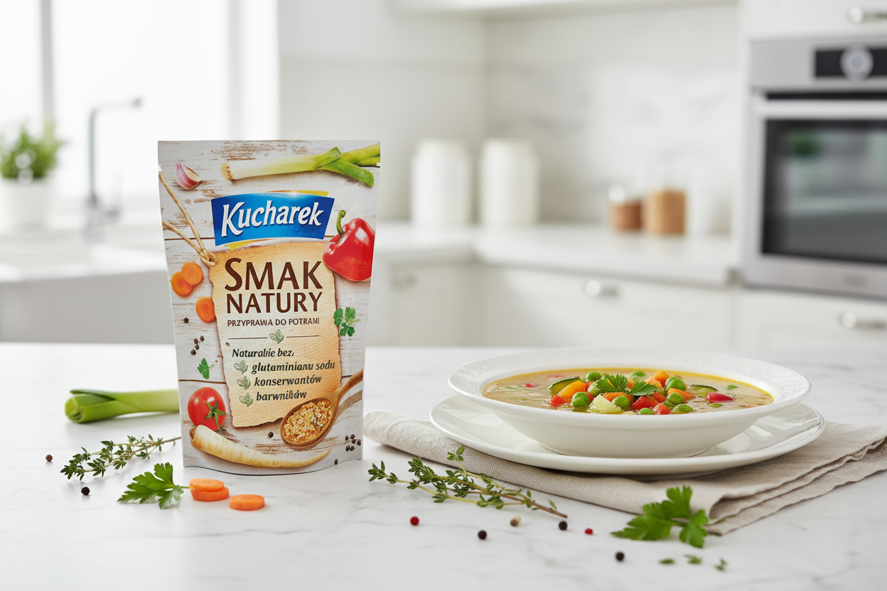 Kucharek Smak Natury bag on a white marble surface with a vibrant fresh vegetable soup in a white bowl and scattered fresh herbs parsley and thyme