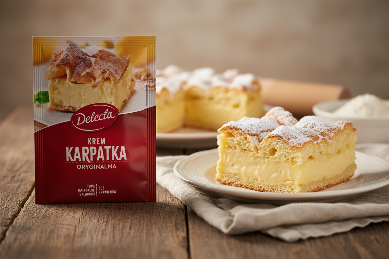 Delecta Krem Karpatka packet beside a freshly made Karpatka cake with choux pastry layers and thick vanilla custard cream dusted with powdered sugar