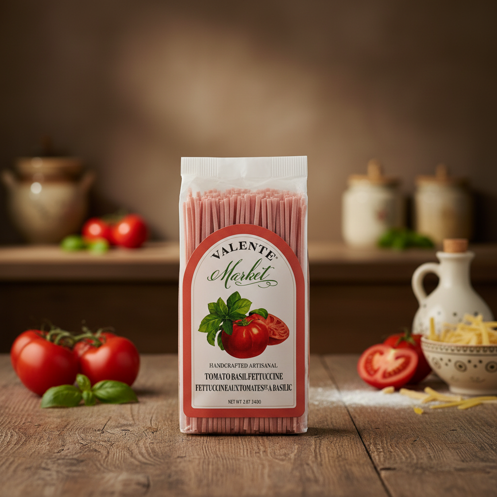 Valente Market Tomato Basil Fettuccine package with premium background