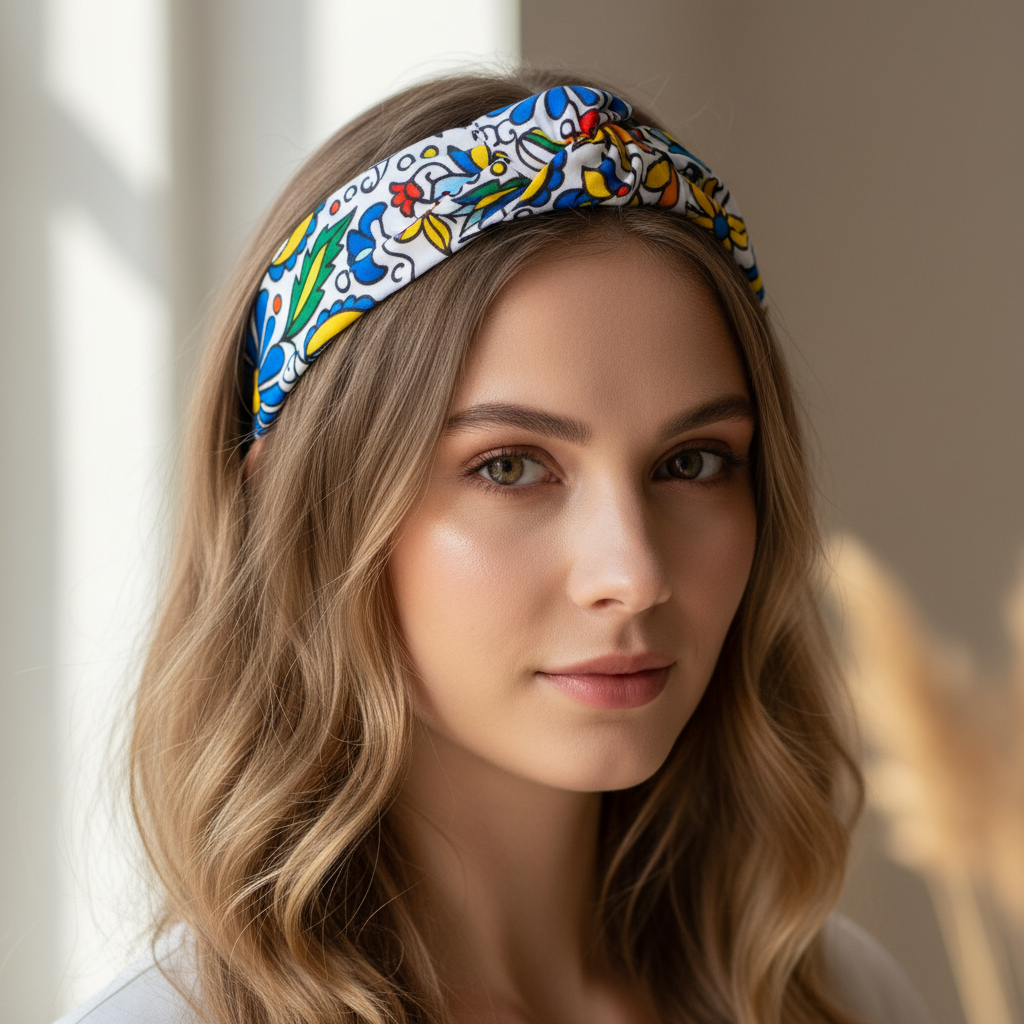 Folkstar Kashubian folk headband worn by a young woman in a natural hairstyle
