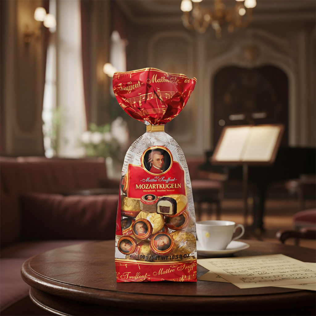 Maitre Truffout Mozartkugeln with realistic Austrian cafe background