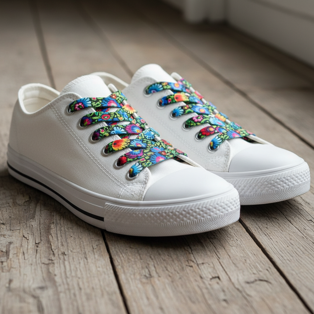 Folkstar Łowicz folk shoelaces laced up on white canvas sneakers on a wooden floor