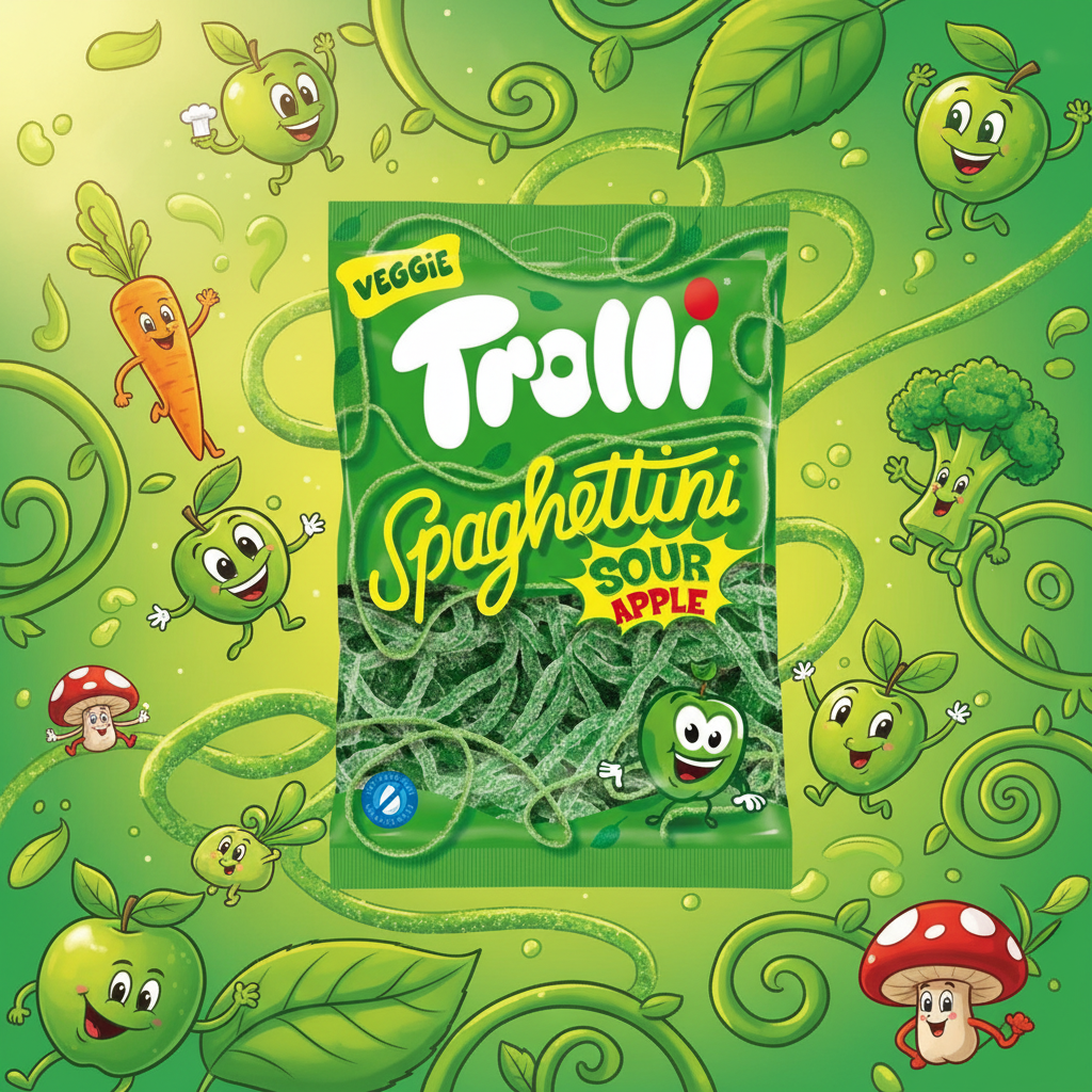 Trolli Spaghettini Sour Apple with fresh background