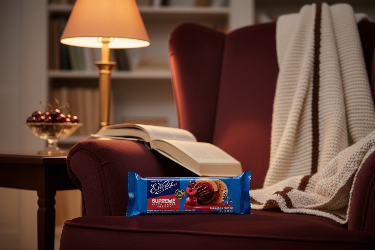 E. Wedel Supreme Cherry Jaffa Cookies in cozy reading nook with fresh cherries