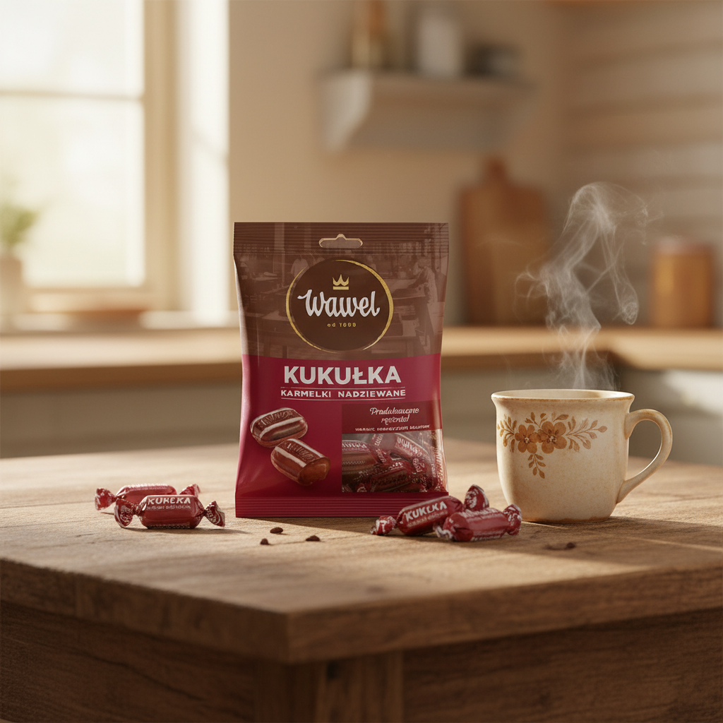 Wawel Kukułka caramel chocolates on a rustic kitchen table with hot tea