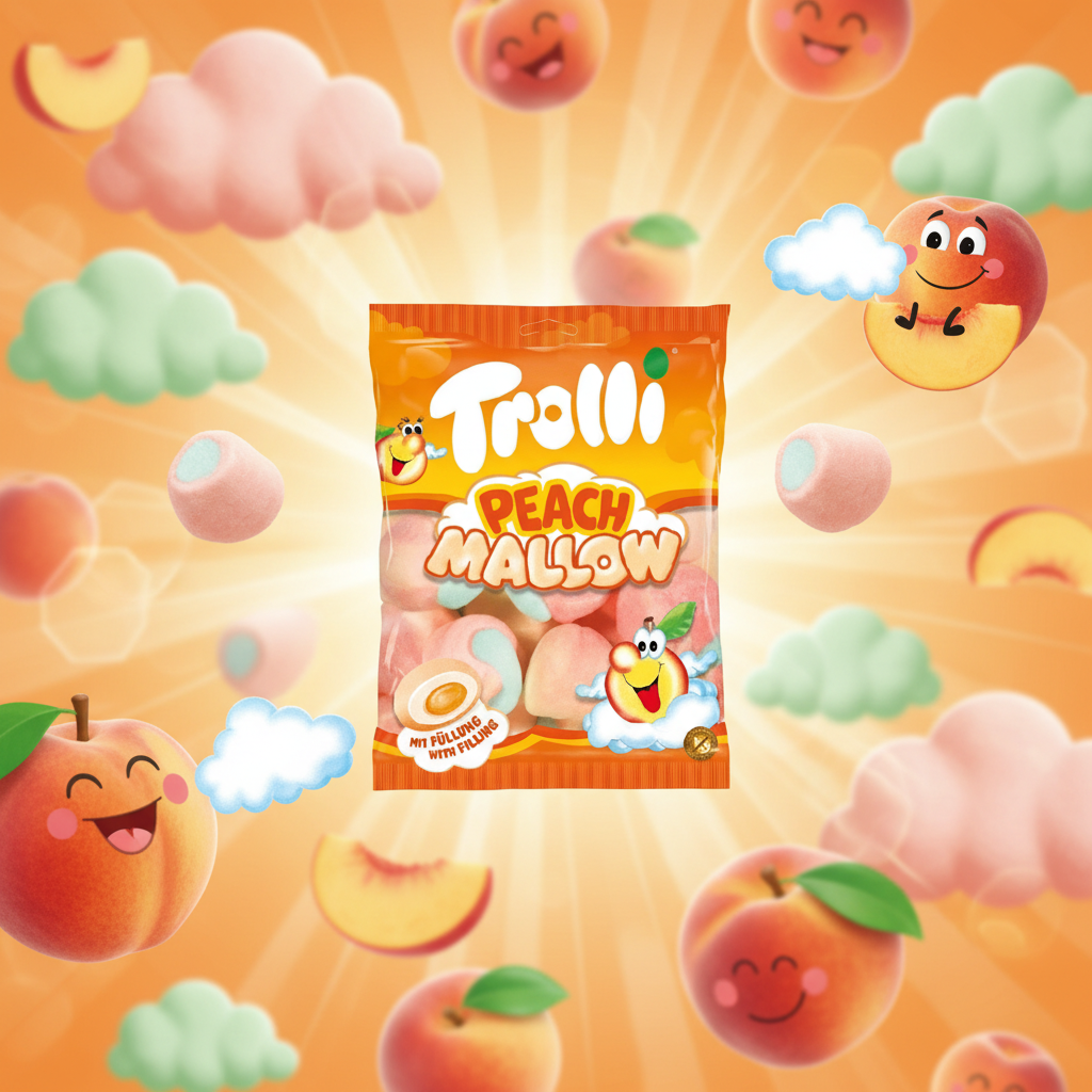 Trolli Peach Mallow with peachy background