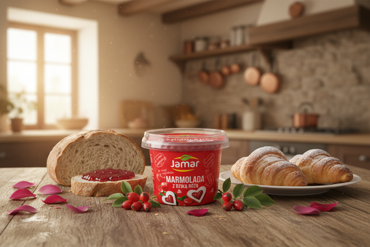 Jamar Wild Rose Marmalade on a rustic breakfast table with rose hips and pastries