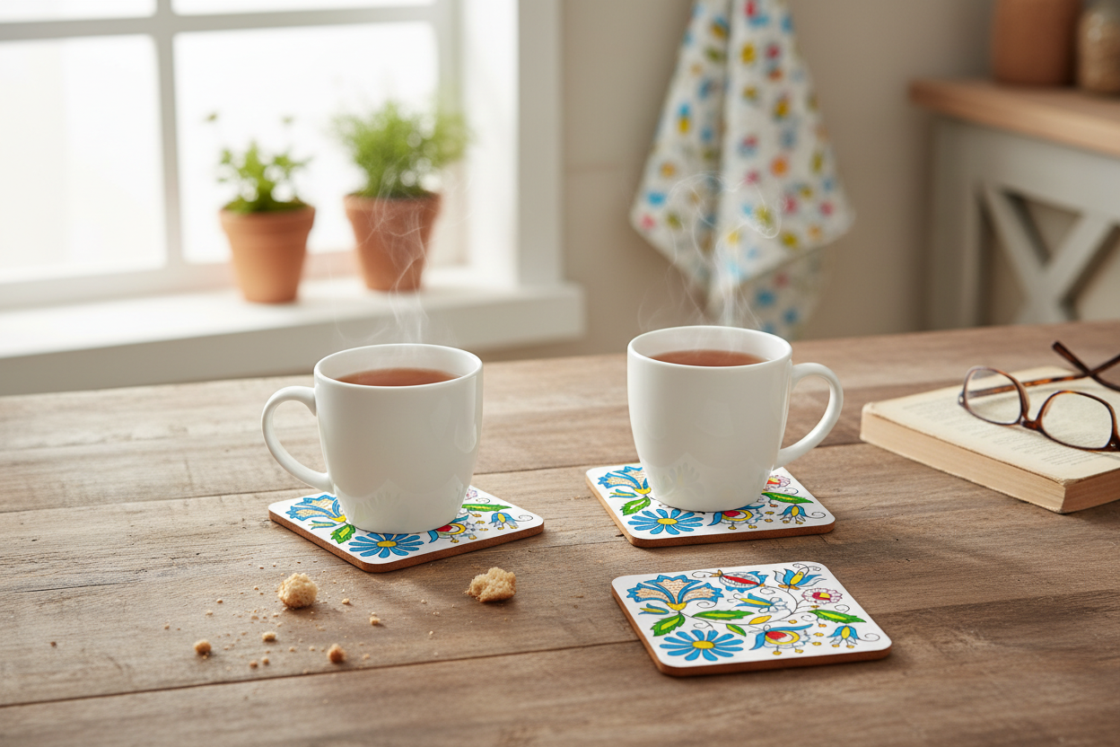 Folkstar Kashubian folk cork coasters on a kitchen table with white ceramic mugs of tea