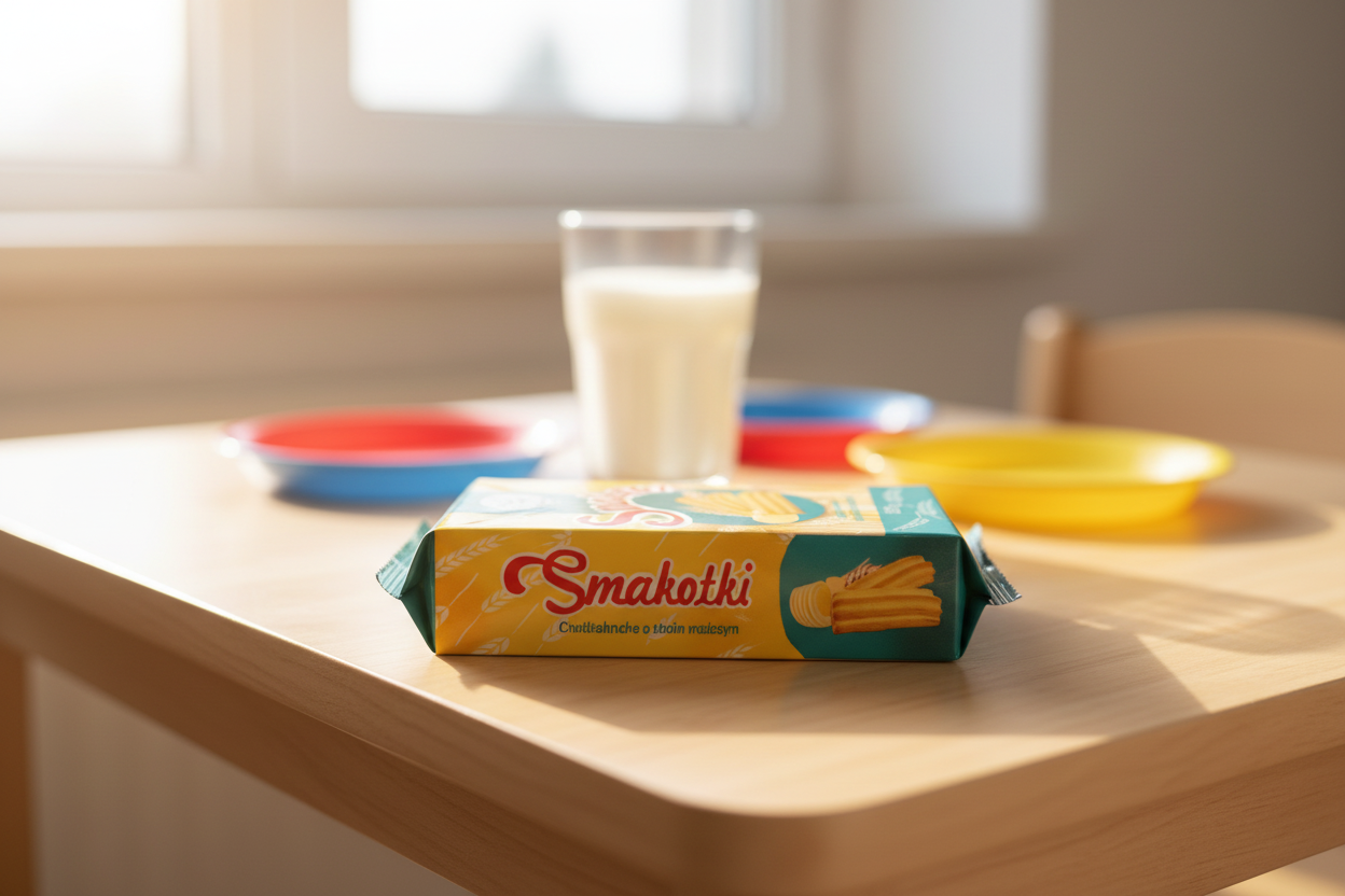 Smakotki butter cookies on children's snack table with milk
