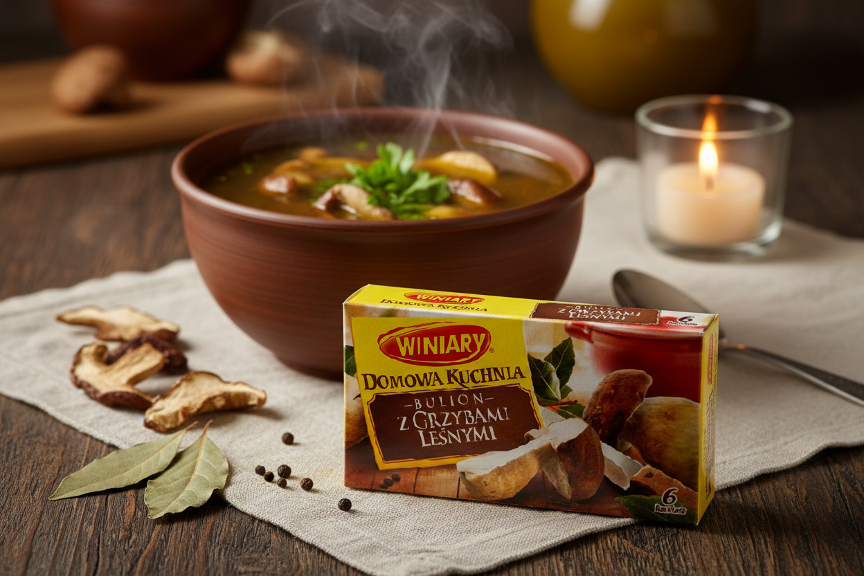 Winiary forest mushroom bouillon box on a wooden table with a steaming bowl of rich dark golden forest mushroom broth with dried porcini mushrooms and fresh parsley and scattered bay leaves