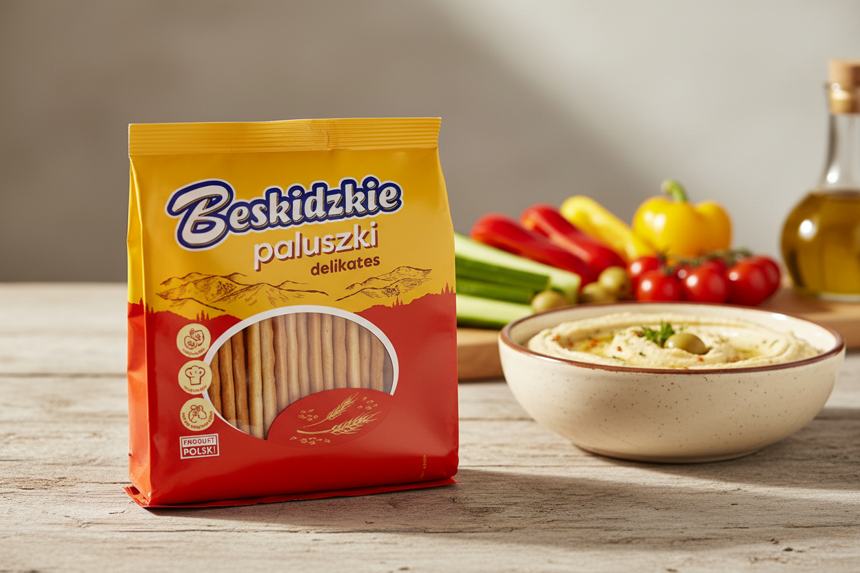 Beskidzkie plain breadsticks package standing upright on Mediterranean table