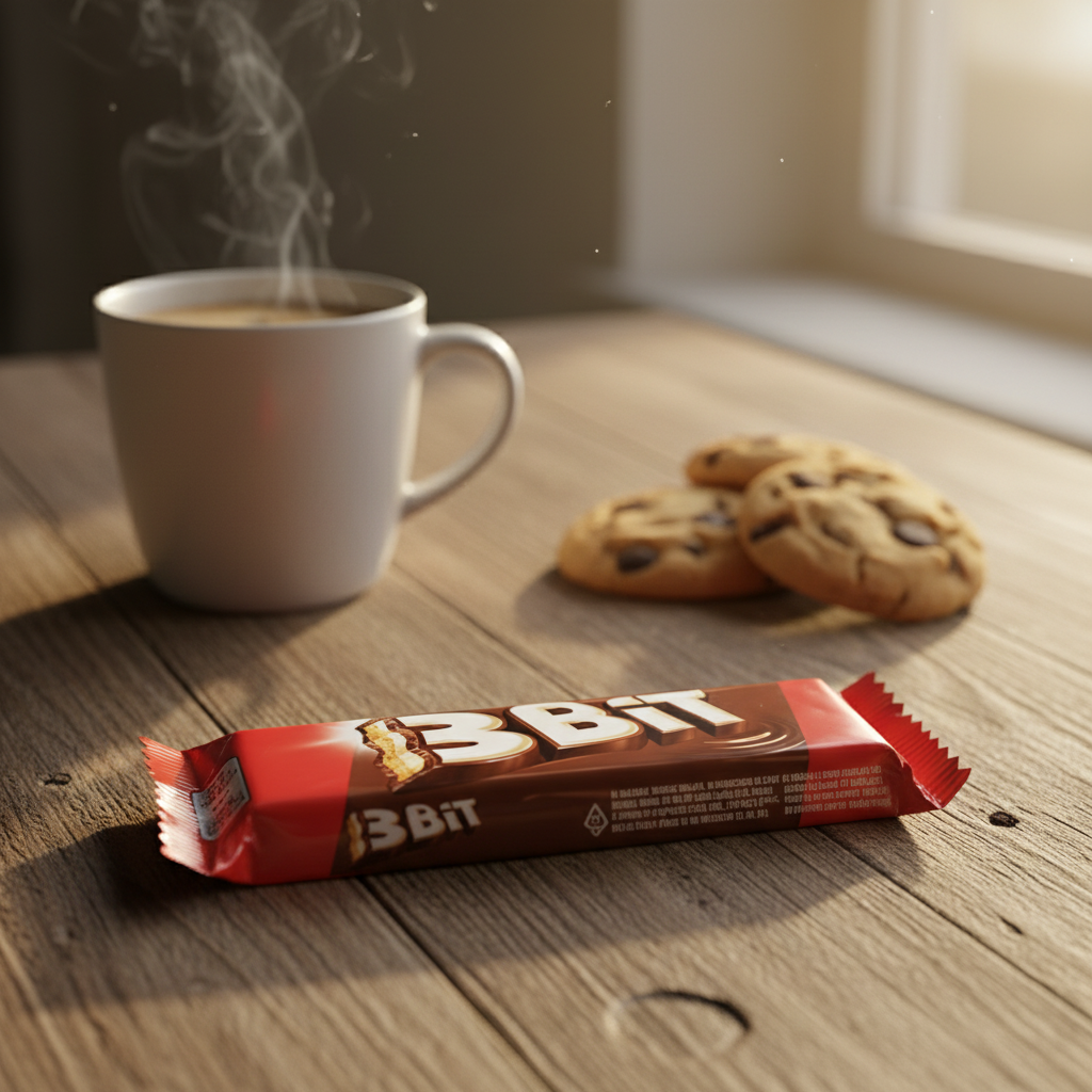 3 Bit Milk Nougat Chocolate Bar with realistic afternoon break background