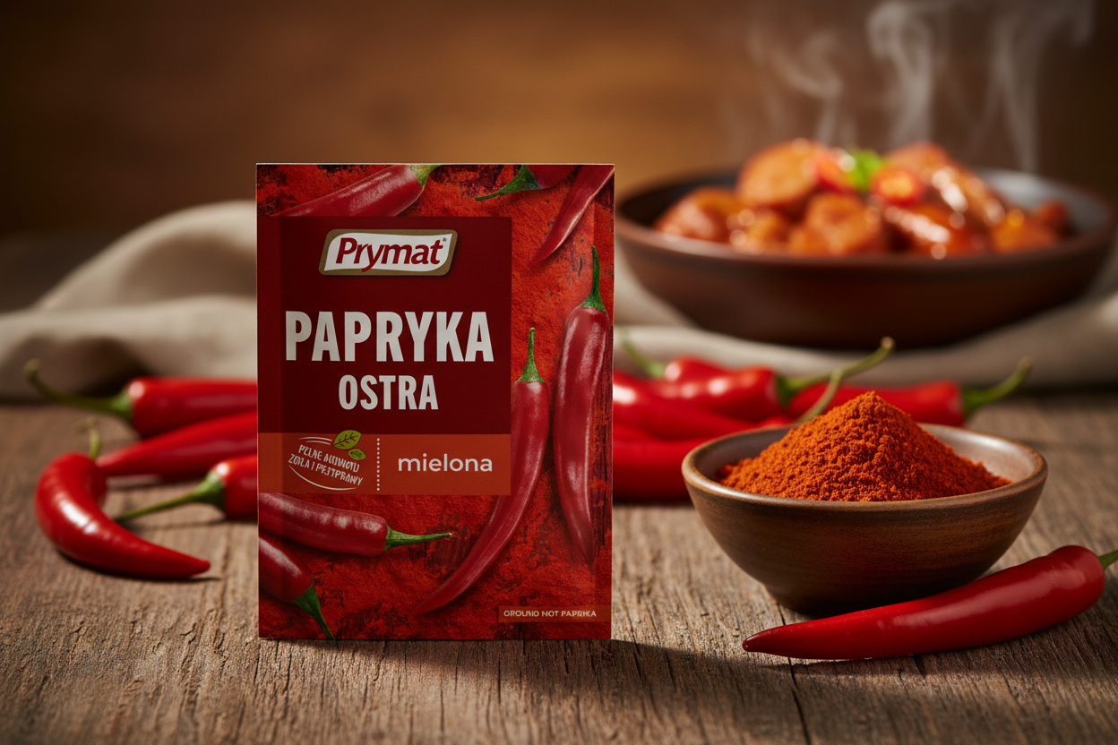 Prymat hot paprika packet on a rustic wooden table with whole bright red hot chilli peppers scattered and dark ceramic bowl of deep red hot paprika powder and fiery spicy gulasz dish in the background with dramatic amber light