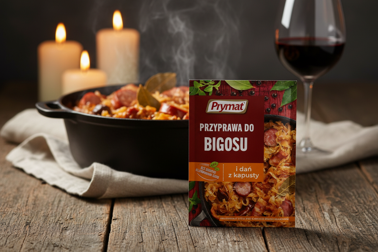 Prymat bigos seasoning packet on a rustic wooden table with steaming cast iron pot of rich dark Polish bigos hunter's stew with sauerkraut kielbasa sausage mushrooms and bay leaves and glass of red wine alongside in warm candlelight