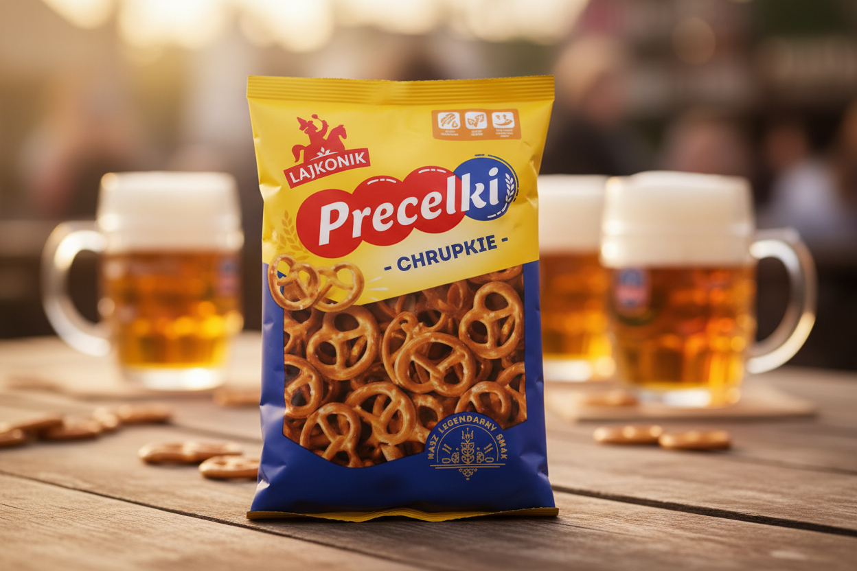 Lajkonik Precelki pretzels on beer garden table with beer mugs
