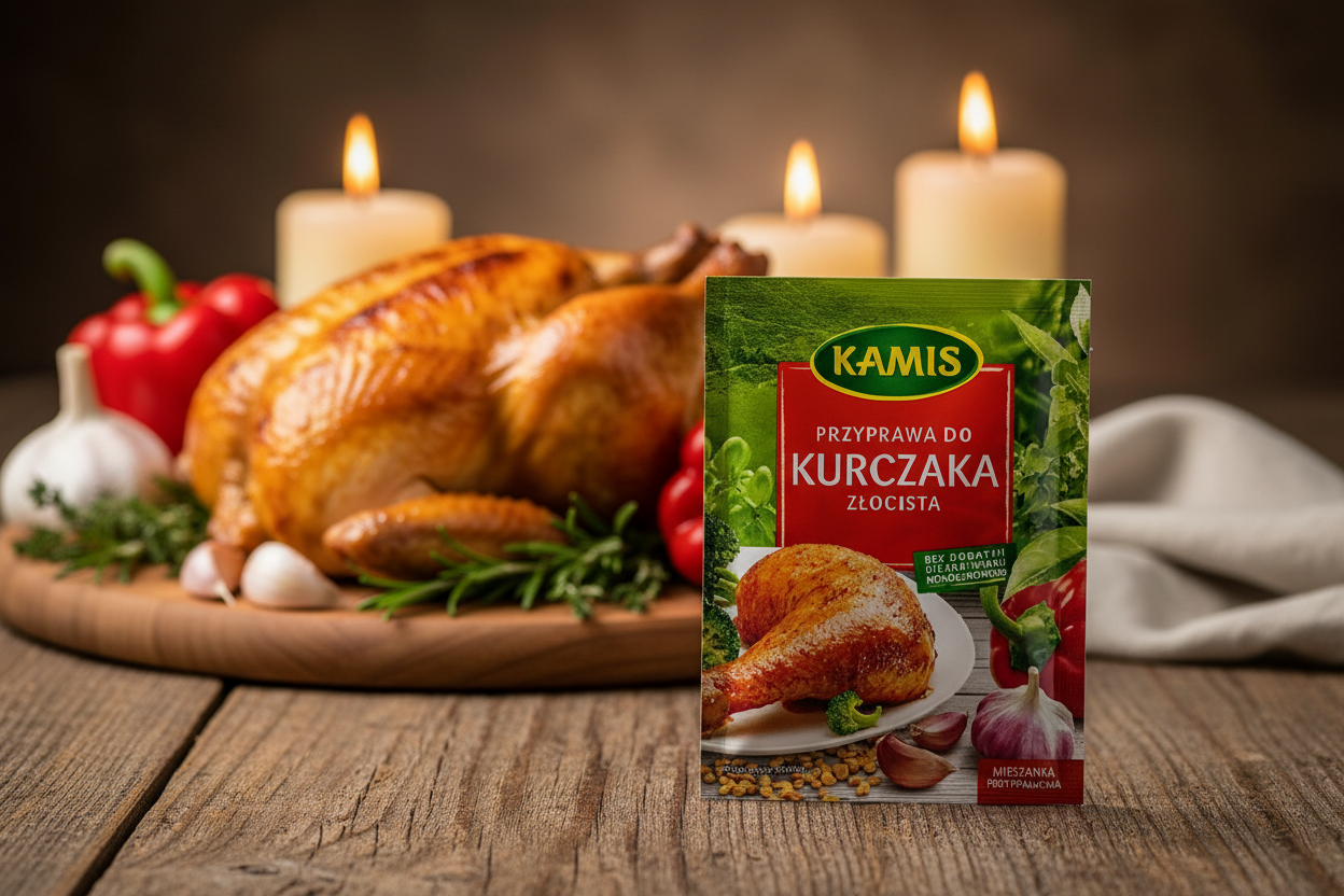 Kamis golden chicken seasoning packet on a rustic wooden table with beautifully golden-roasted whole chicken on wooden board with crispy golden skin and whole garlic bulbs and red peppers and fresh herbs alongside