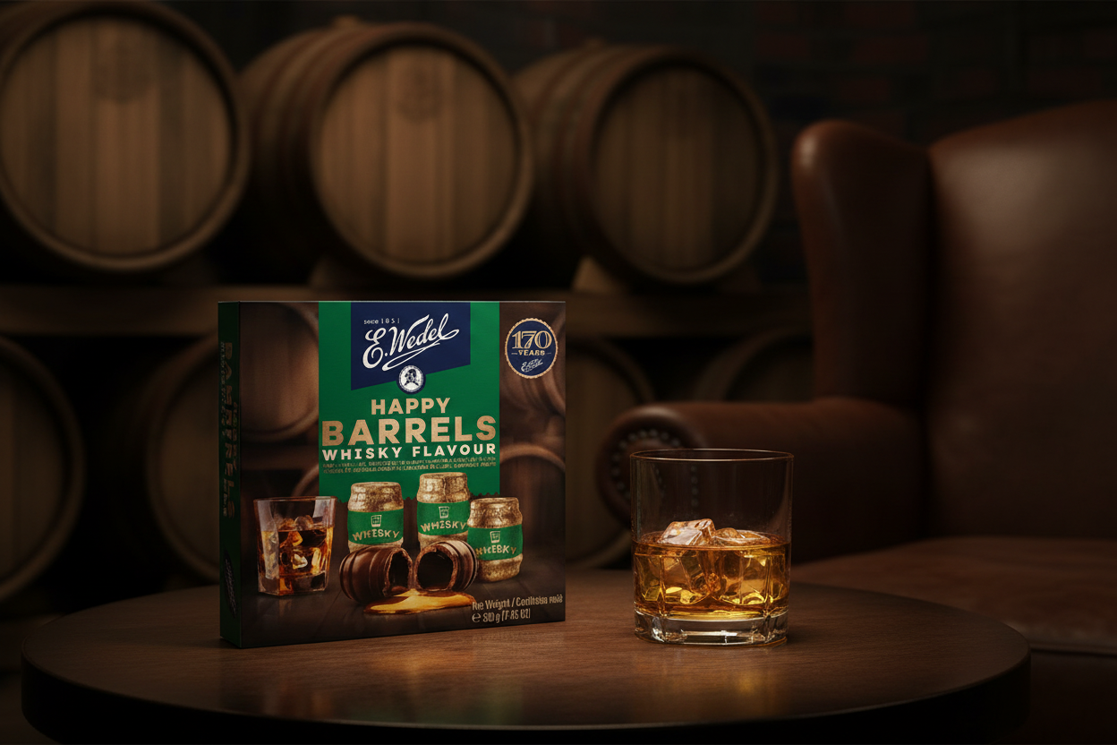 E.Wedel Happy Barrels Whisky Flavour chocolates in a cozy whisky bar setting