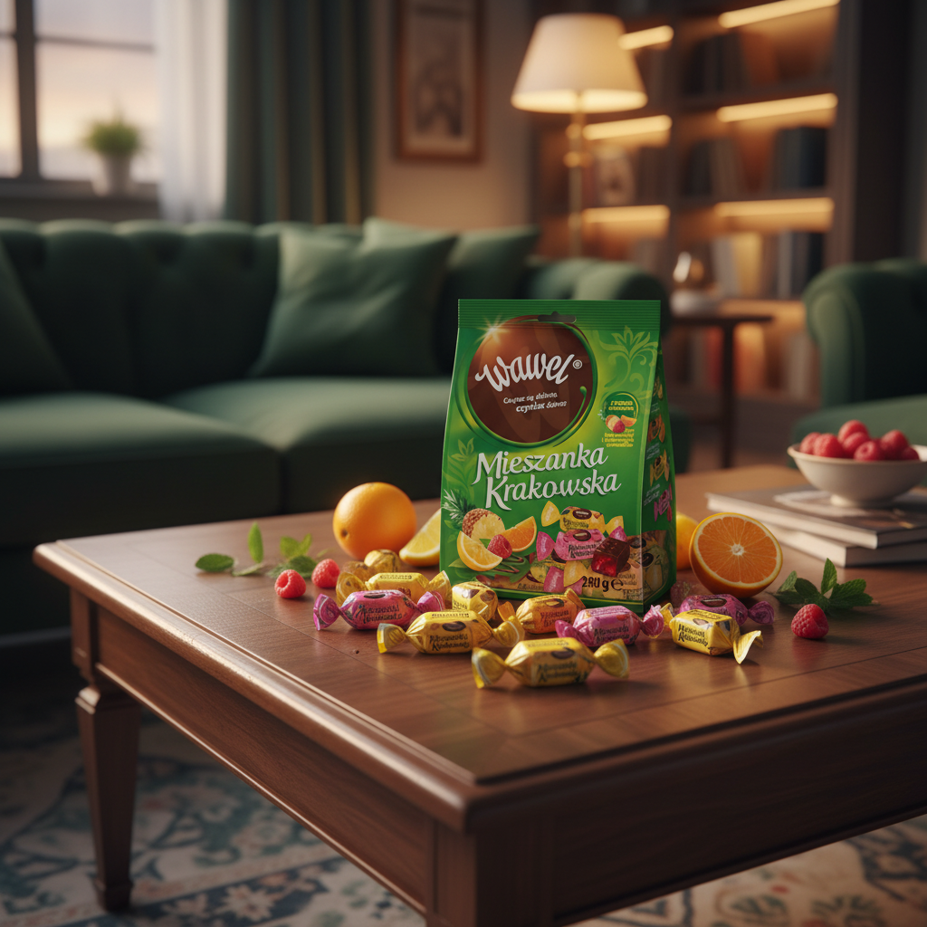 Wawel Mieszanka Krakowska jellies on a cozy wooden coffee table with fresh fruits