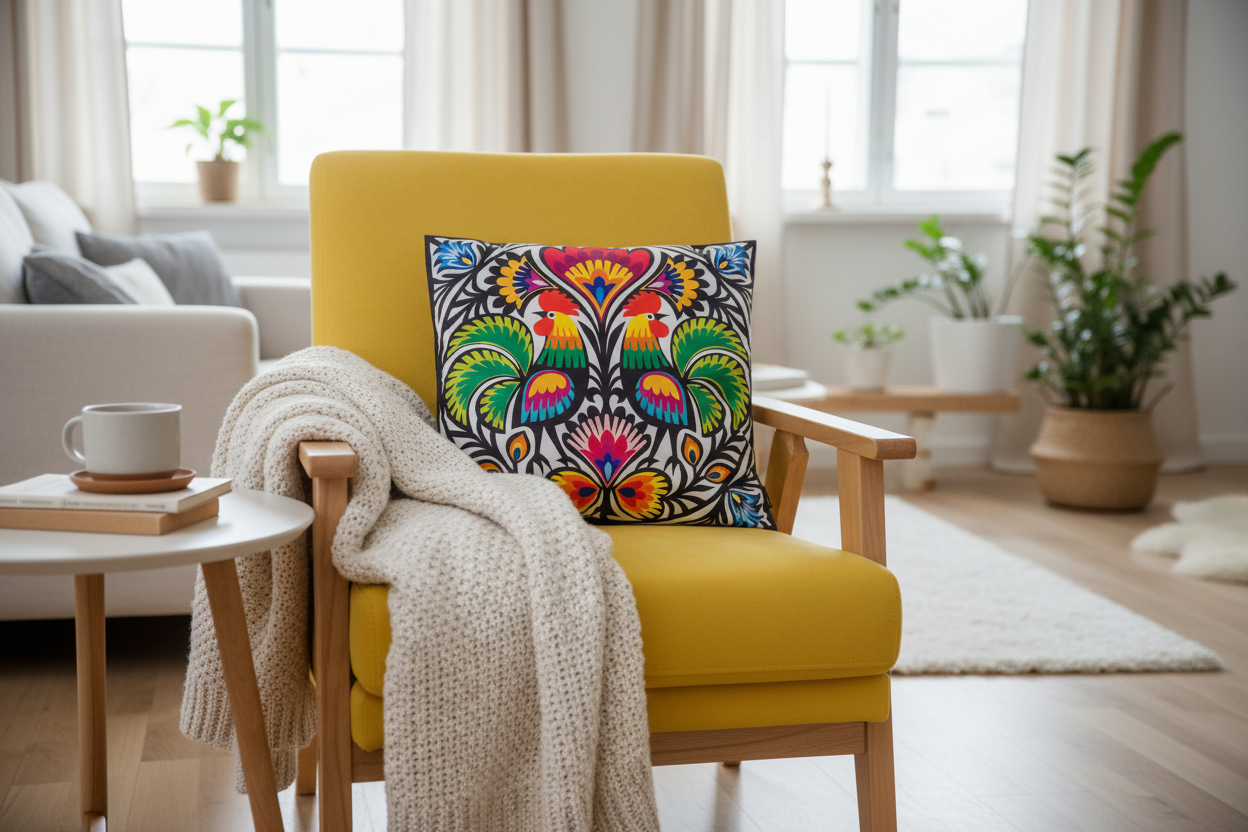 Folkstar Two Roosters folk pillow on a mustard yellow armchair in a cozy Scandinavian living room