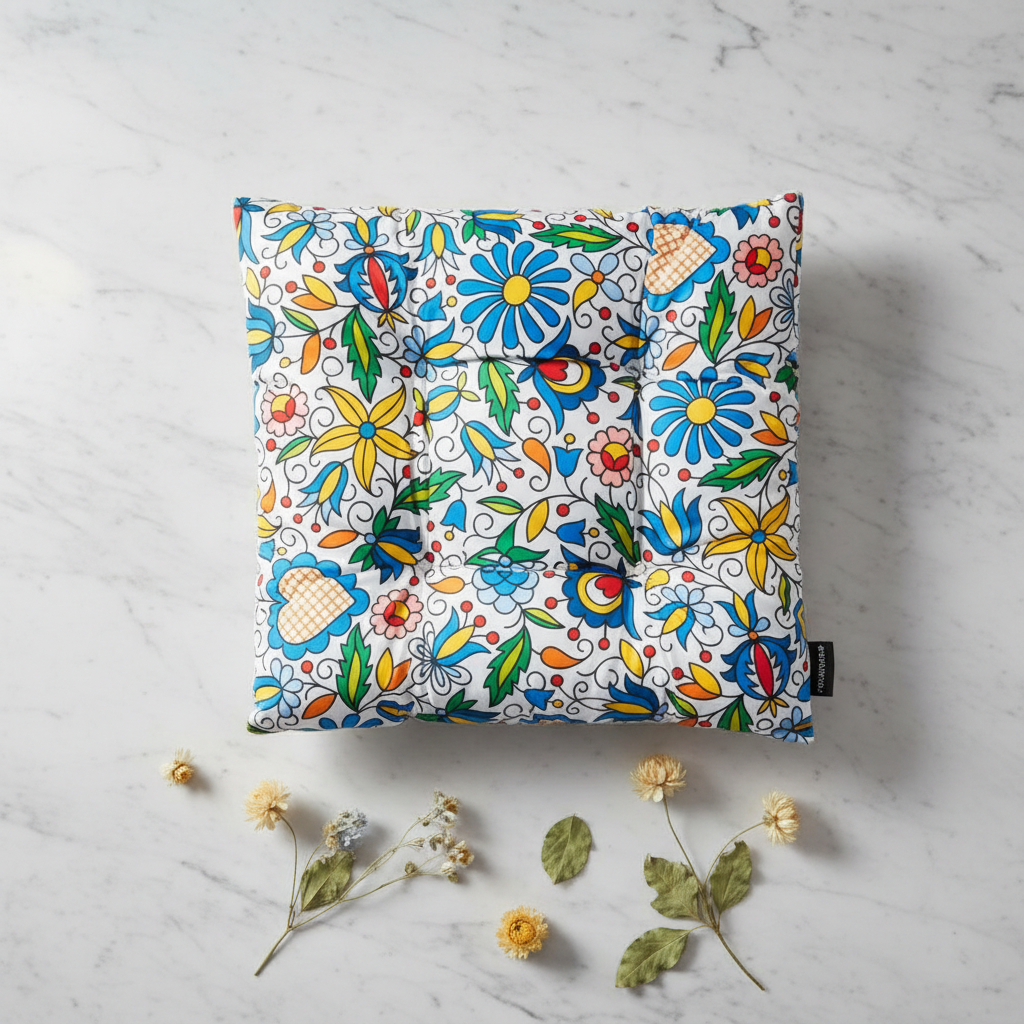 Folkstar Kashubian folk pillow on marble surface with dried wildflowers