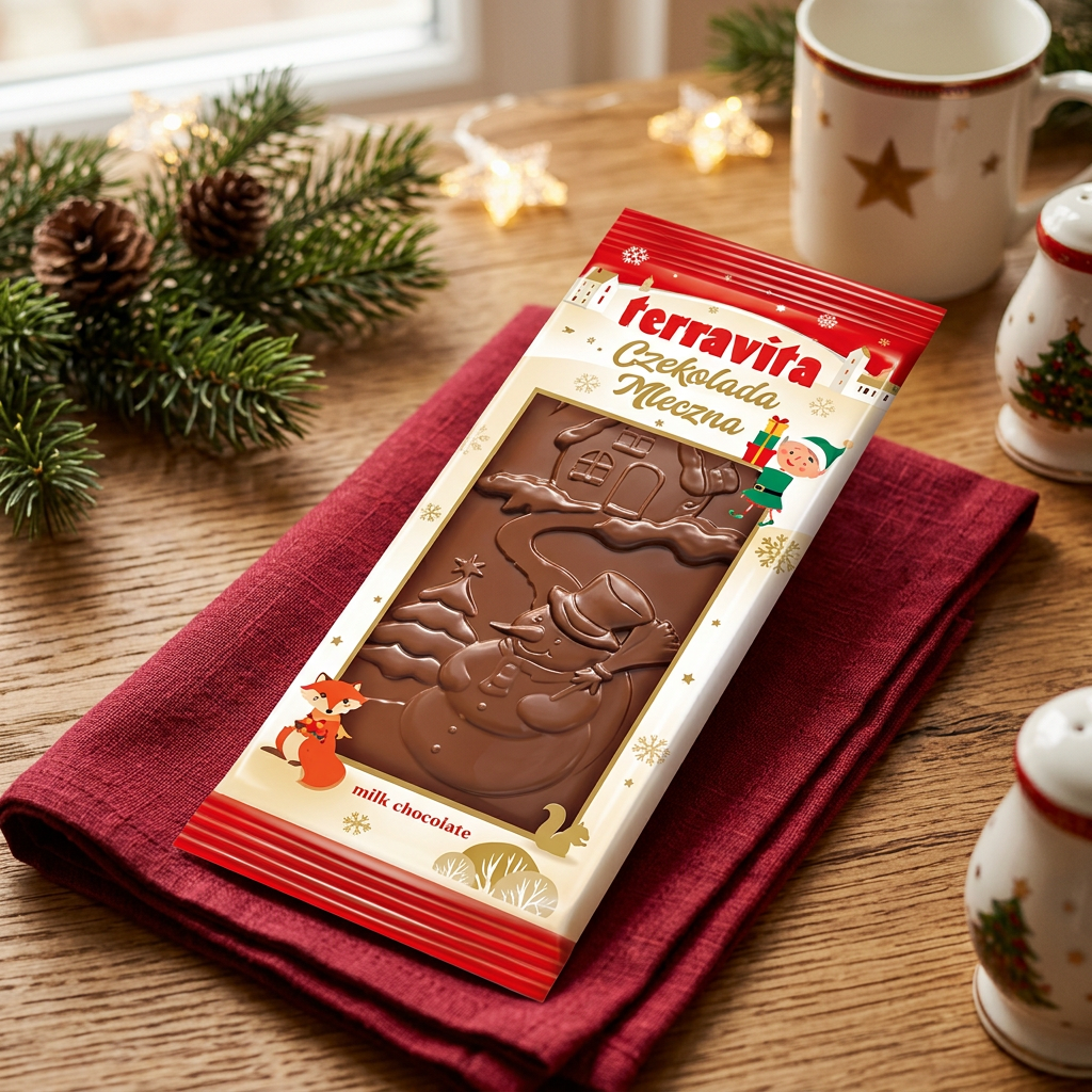 Terravita Christmas milk chocolate bar in a cozy holiday breakfast setting