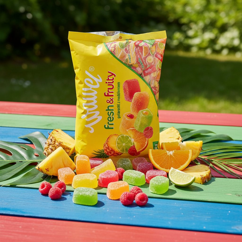 Wawel Fresh & Fruity 1kg bag on outdoor picnic table with scattered jellies and fresh fruits