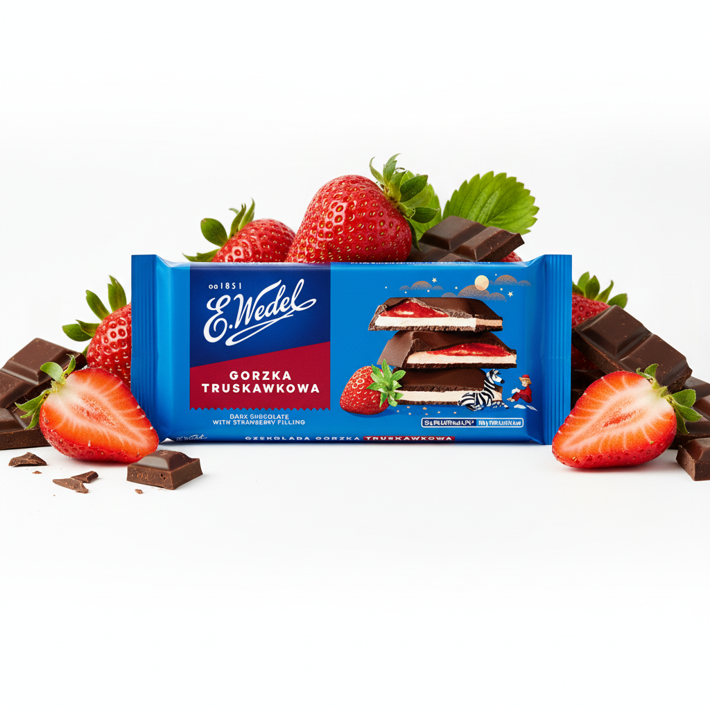 E. Wedel Gorzka Truskawkowa bar on white surface with fresh strawberries and dark chocolate shards
