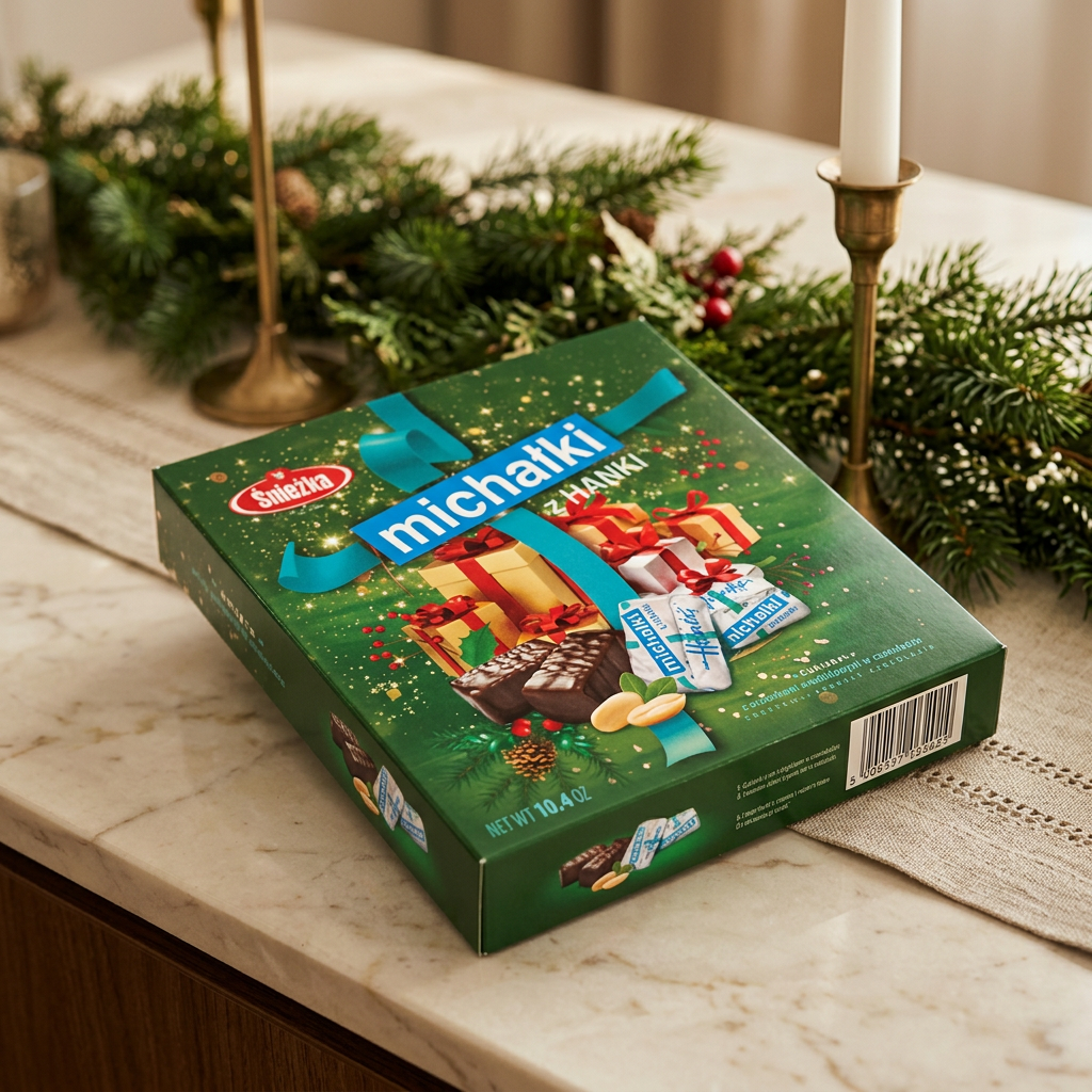 Śnieżka Michałki Christmas box on an elegant holiday sideboard