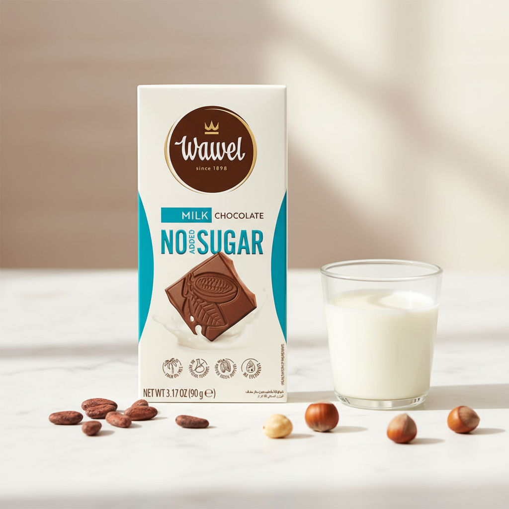 Wawel No Added Sugar milk chocolate bar on white marble with fresh milk and cacao beans