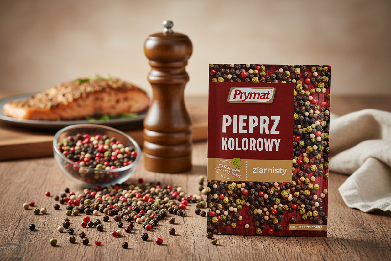 Prymat mixed coloured peppercorns packet on a rustic wooden table with mixed black green red and white peppercorns spilling from clear glass bowl and wooden pepper mill grinder alongside and beautifully plated grilled salmon with colourful peppercorn crust in the background