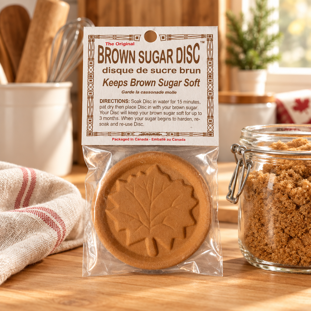 Packaged terracotta Brown Sugar Disc beside a jar of brown sugar in a warm baking pantry