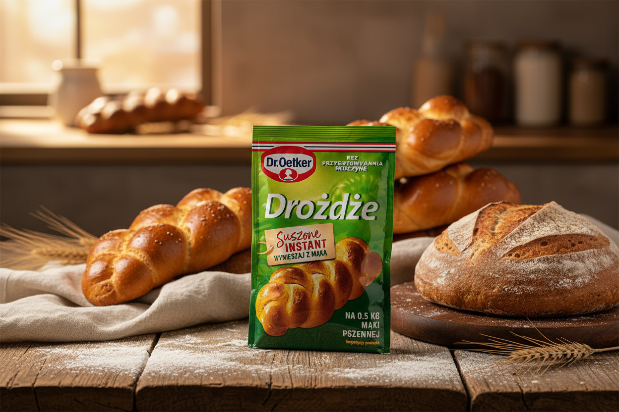Dr. Oetker instant yeast large packet on a wooden table with multiple golden braided challah loaves and a large round bread on a wooden board