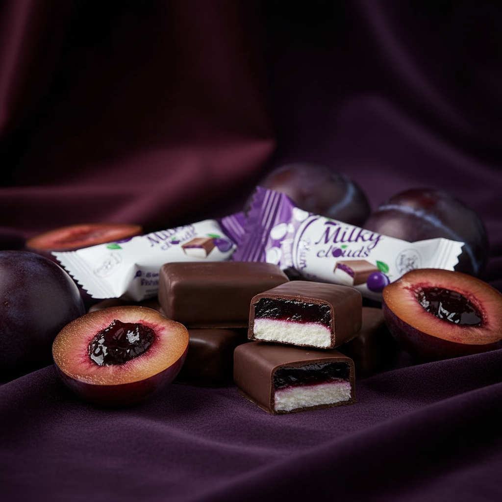 Milky Clouds Plum candy styled on deep purple velvet with fresh plums