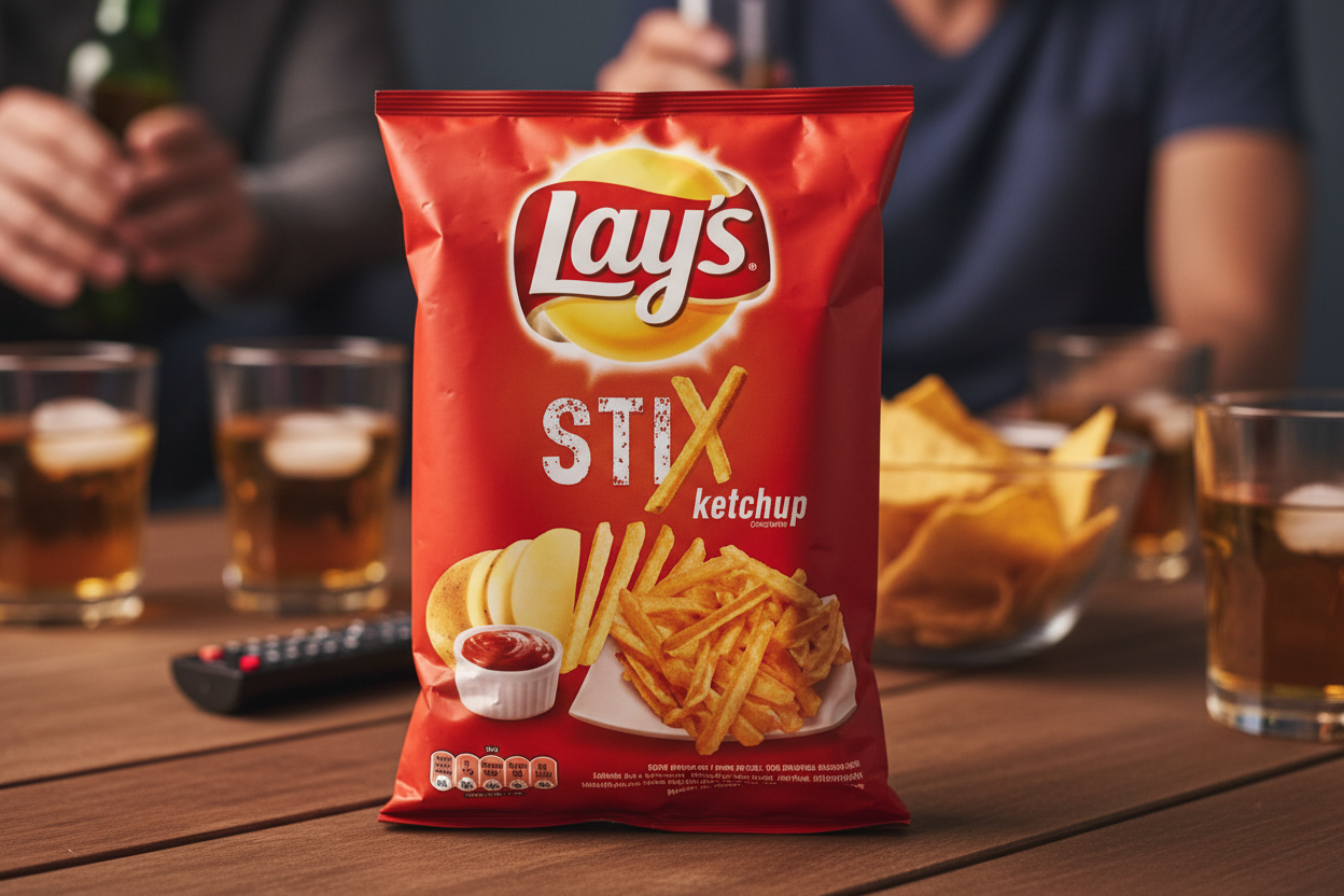 Lay's Stix Ketchup potato sticks package standing upright on sports viewing table