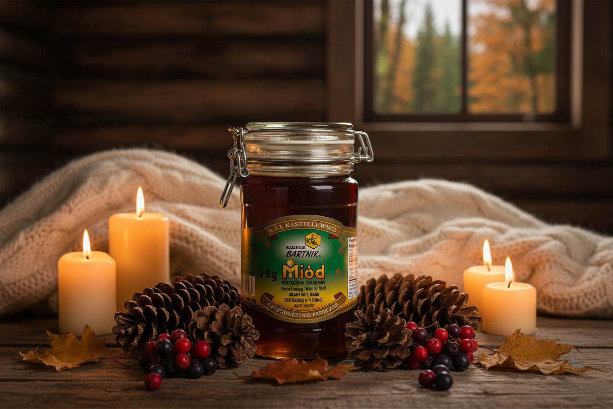 Sądecki Bartnik Forest Honeydew Honey 1kg in a cozy autumn forest cabin setting