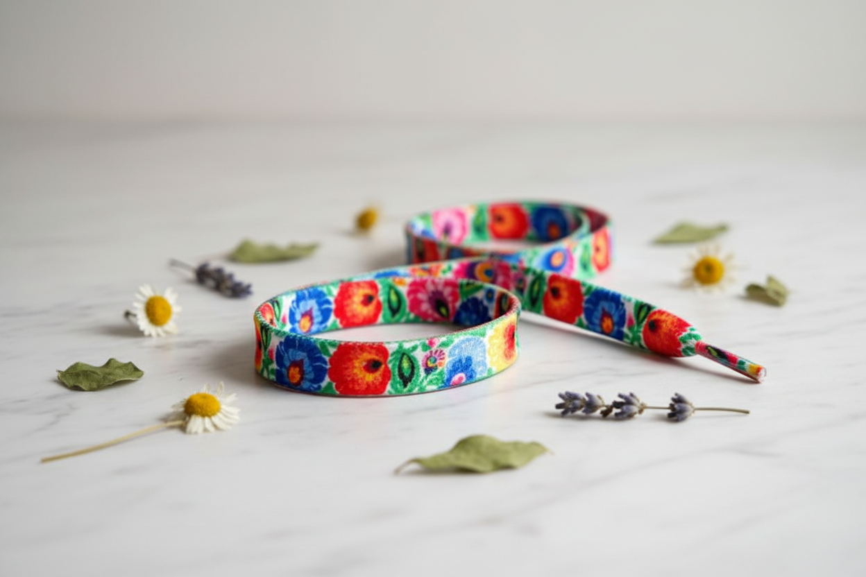 Folkstar Łowicz white folk shoelaces laid flat on marble surface with dried wildflowers