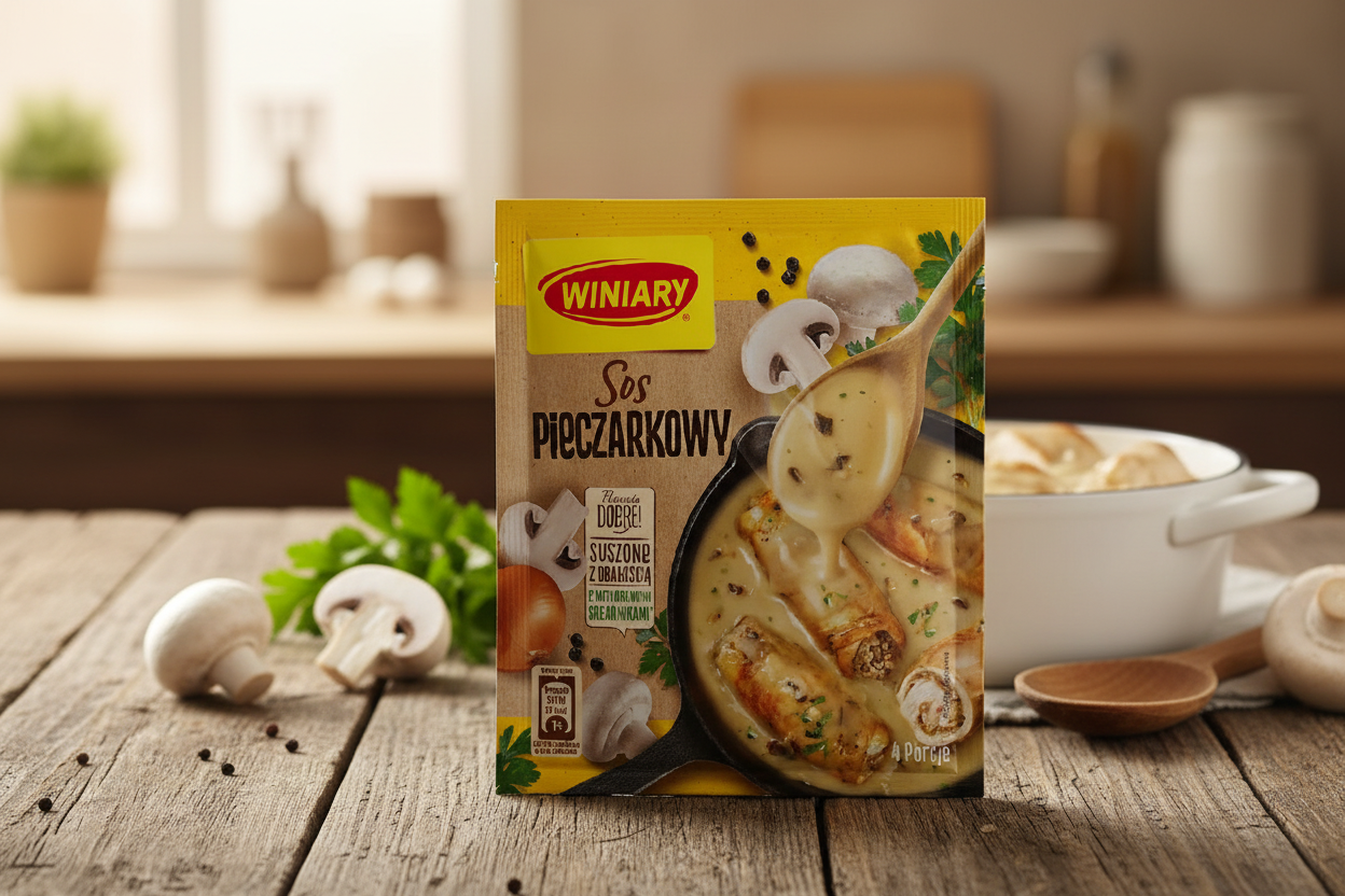 Winiary button mushroom sauce packet on a rustic wooden table with creamy pale golden button mushroom sauce in white ceramic pan with sliced chicken breast and fresh whole button mushrooms and parsley alongside
