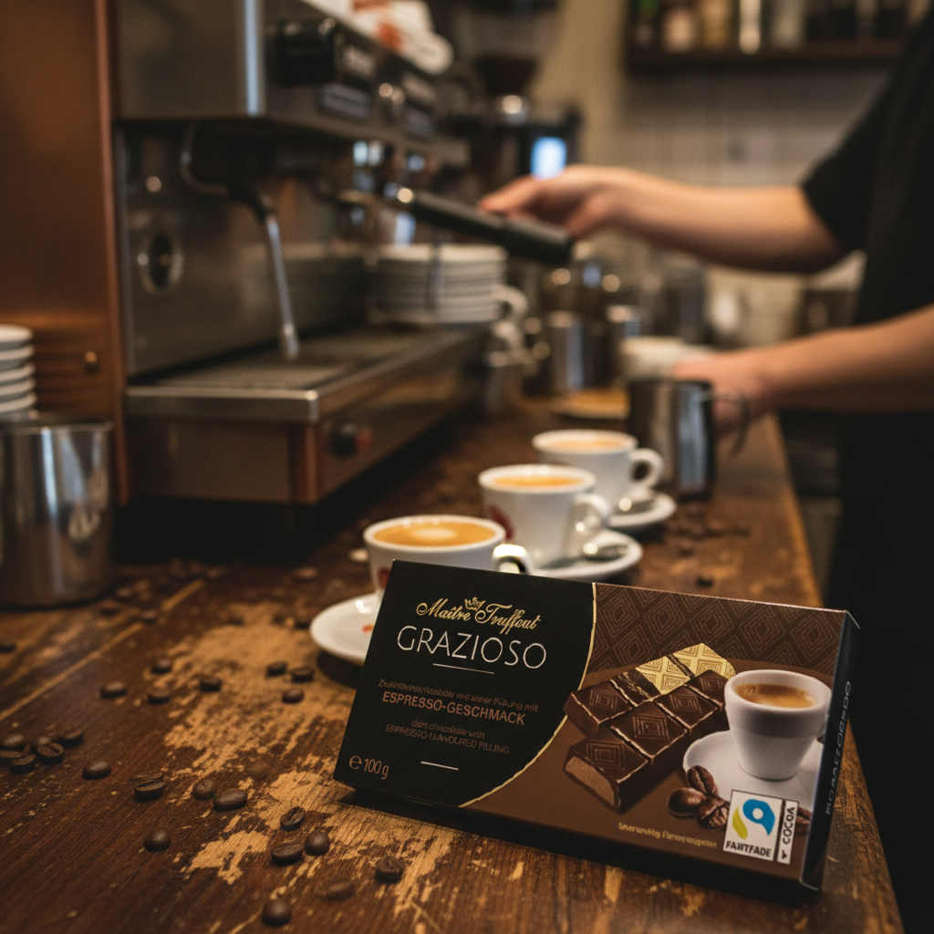 Maitre Truffout Grazioso Espresso with realistic Italian cafe background