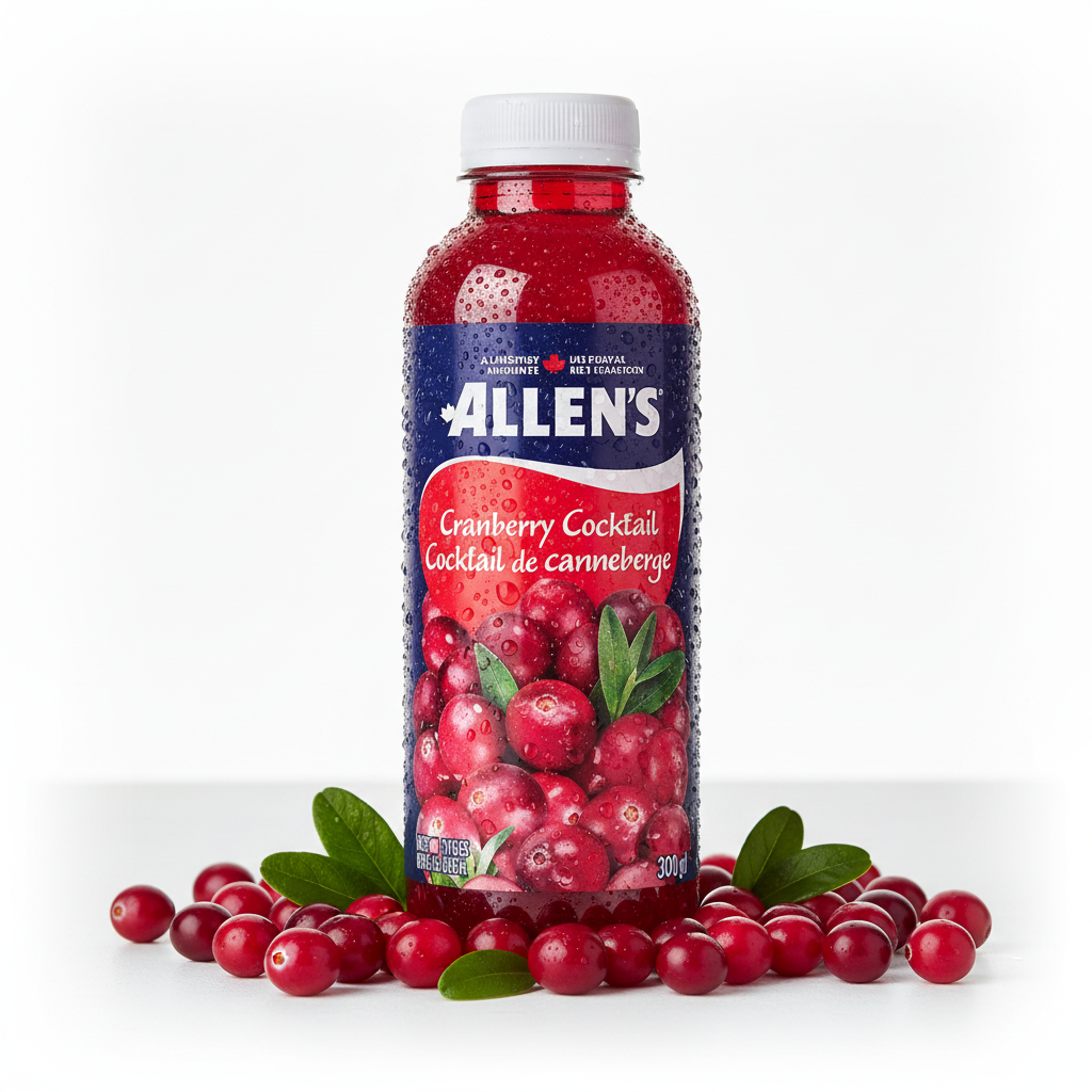 Allen's Cranberry Cocktail bottle on white surface with fresh cranberries and green leaves