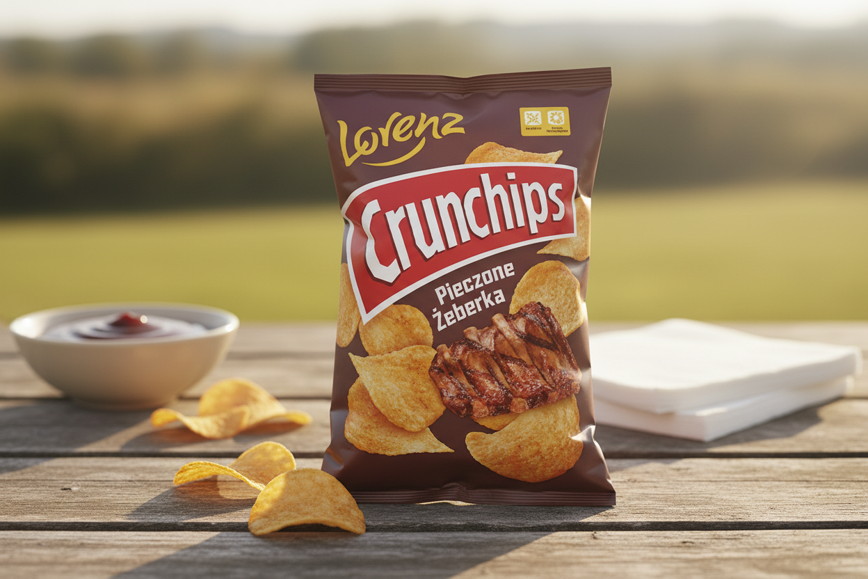 Lorenz Crunchips Ribs chips on rustic wooden table with BBQ sauce
