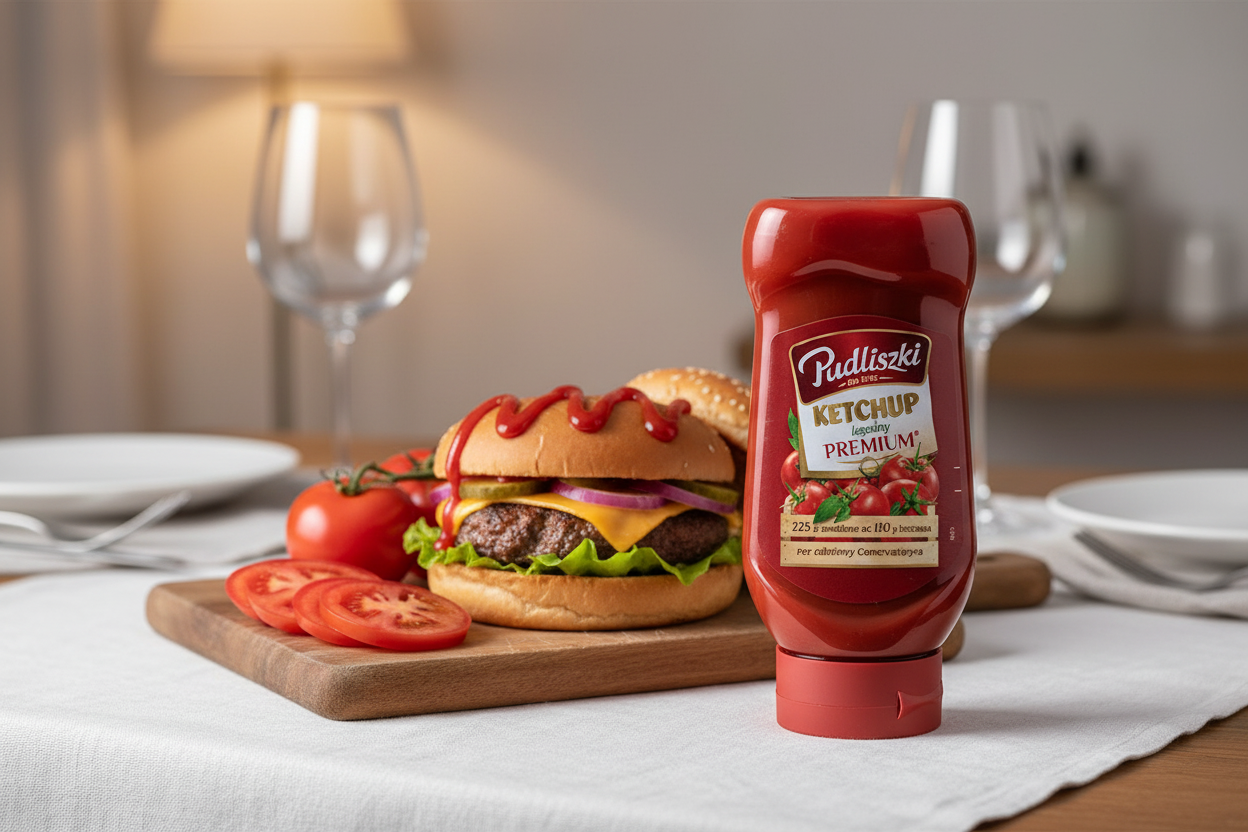 Pudliszki mild premium ketchup beside a gourmet burger on an elegant dining table