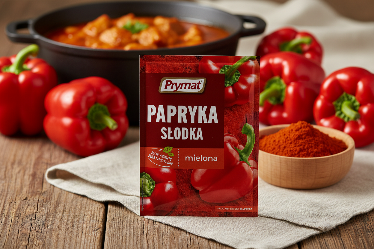 Prymat sweet paprika packet on a rustic wooden table with whole bright red bell peppers and small wooden bowl of vibrant red ground paprika powder and Polish gulasz goulash with rich red paprika sauce in dark cast iron pot in the background
