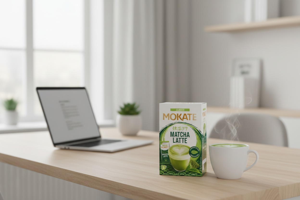 Mokate Classic Matcha Latte on modern home office desk with matcha drink