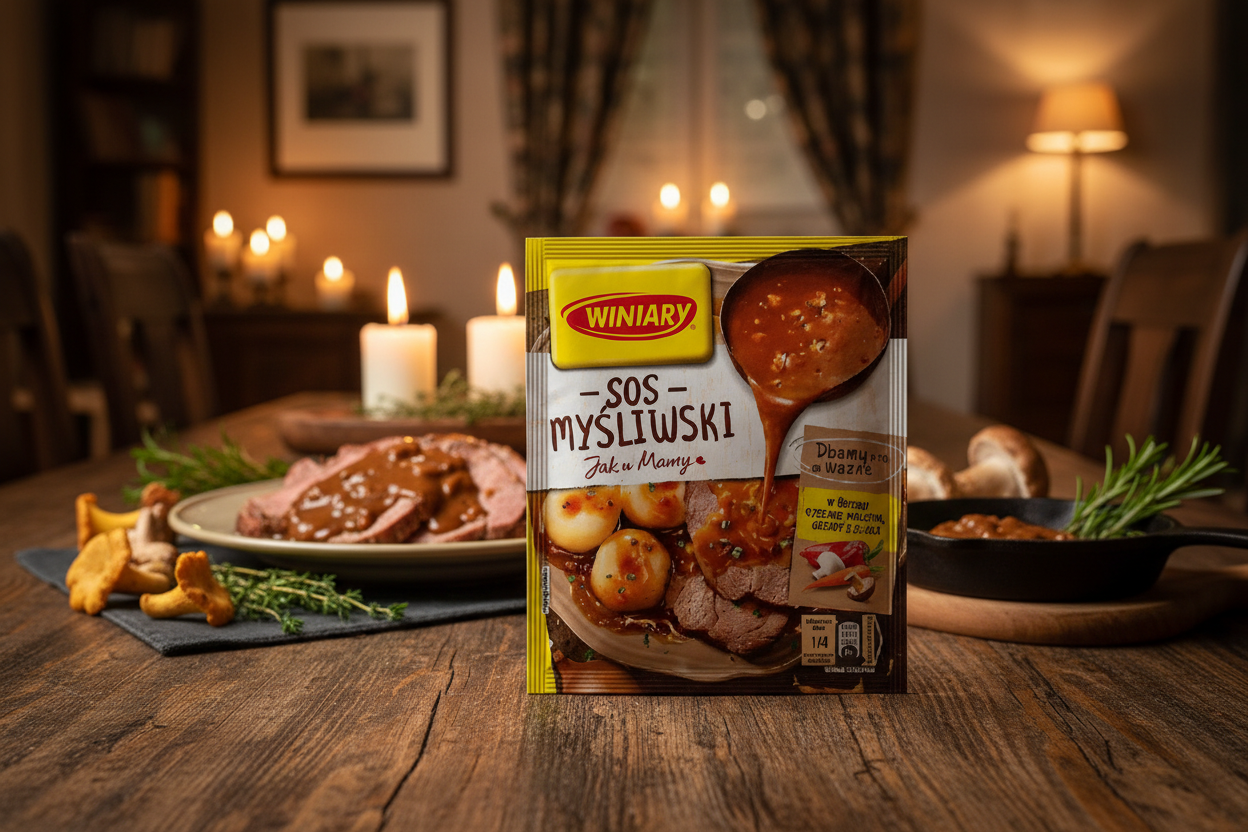 Winiary Hunter's Gravy Mix on rustic dining table with traditional Polish meal