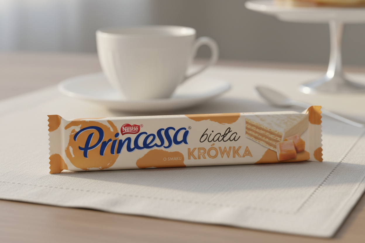 Princessa Biała Krówka white fudge wafer bar at elegant tea time