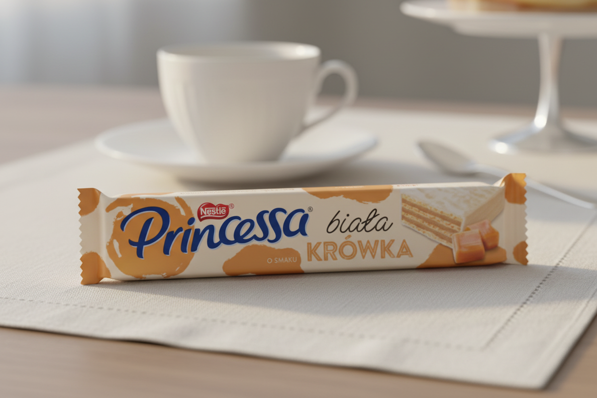 Princessa Biała Krówka white fudge wafer bar at elegant tea time